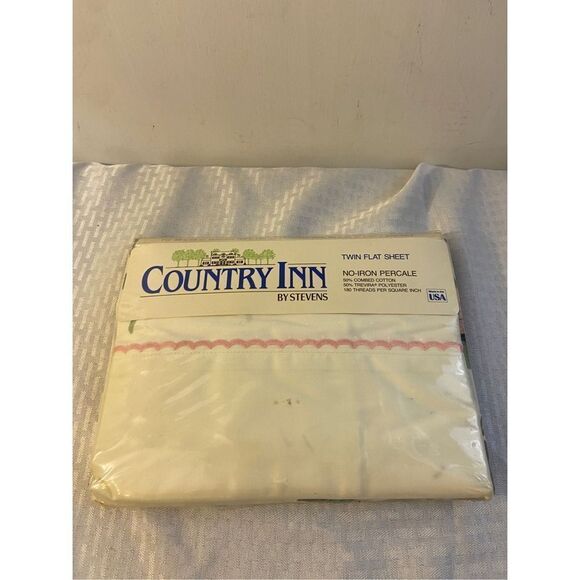 Country Inn Stevens Twin Flat Sheet White Pink Scalloped Percale Bedding